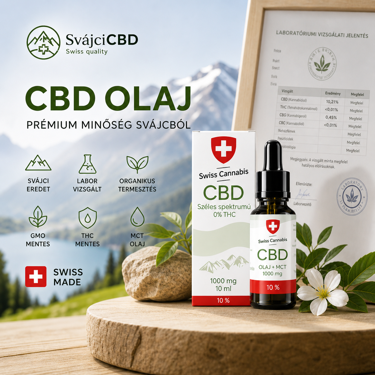 Svájci CBD olaj kategóriakép laboreredménnyel és természetes háttérrel
